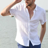 Nukty Men's Casual Short Sleeve Shirts Leisure Street Wear Lapel Button-down Solid Color Shirts for Men Vintage Vacation Blouse M-3XL