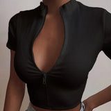Nukty New Fashion Slim Fit Zipper T-shirt Women Female Bustier Corset Tops High Neck Women Croped Tops Tee Solid Shirt White