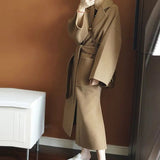 Nukty Wool Coat Female Office Lady Side Cut Turn-down Collar Outwear Long Black Camel Women's Jacket Overcoat with Belt