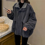Nukty Oversized Jackets Women Corduroy Plus Velvet Thick Coat Loose Lamb Wool Jacket Autumn Winter New Retro Clothes Womens Coats