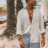 Nukty Men Casual Cotton Linen ShirtsStanding Collar Male Solid Color Long Sleeves Loose Tops Spring Autumn Handsome Men's Shirts