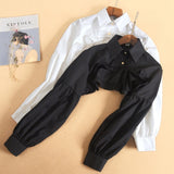 Nukty Women Puff Long Sleeve Half Top Blouse Ruffled Edge Golden Button Detachable False Fake Collar Winter Sweater Decorative