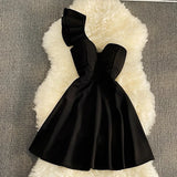 Nukty Women Black White Ruffled One Shoulder Sleeveless Mini Dress Strapless Mesh Patchwork High Waist A-line Party Dress Vestidos