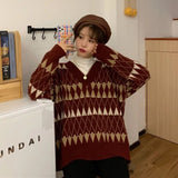 Nukty Sweaters Women Vintage Argyle Korean All-match Chic V-Neck Ladies Pullovers Student Lazy Style Popular Winter Women Sweater New