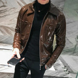 Nukty Shiny Leather Jacket Men's Stage Costume Red Black Brown Nightclub Club Men's Leather Jacket Solid Color Slim Men's Jacket Coats