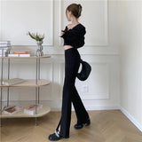 Nukty Micro-Flared Pants Women's High Waist Slim Casual Chic Wide Leg Split Trousers Elegant Black White Suits Pants