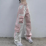 y2k outfits American Sports Street Contrast Color High Waist Corduroy Trousers 2024 Spring and Summer New Multi-Pocket Straight Wide Leg Workwear