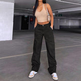 college outfits Women's Street Fashion Multi-Pocket Workwear Straight Trousers High Waist Slimming Loose Khaki Jeans for Women