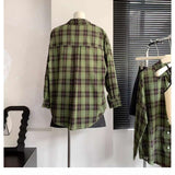grunge outfits Women's White and Green Plaid Shirt, Large Loose Plaid Coat for Spring and Summer