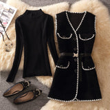 barn jacket outfits Spring Contrast Color Woolen Vest Mid-Length Suit Women's Half Turtleneck Sweater Sweater Western Style Two-Piece Set