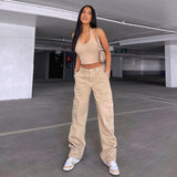 college outfits Women's Street Fashion Multi-Pocket Workwear Straight Trousers High Waist Slimming Loose Khaki Jeans for Women