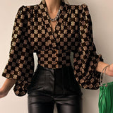 discover style ideas 2024 Popular Spring New Elegant Button V-neck Lantern Sleeve Top Shirt