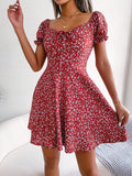 Nukty Summer Floral Print Dress Women Ruffle Square Collar Back Lace-up Sundress Boho A Line Beach Party Dress