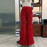 Summer High Waist Slimming Trousers Women Solid Color Sequins Fashion Casual Wide Leg Pants Women