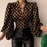 discover style ideas 2024 Popular Spring New Elegant Button V-neck Lantern Sleeve Top Shirt