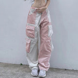 y2k outfits American Sports Street Contrast Color High Waist Corduroy Trousers 2024 Spring and Summer New Multi-Pocket Straight Wide Leg Workwear