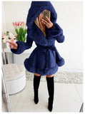 Women's Long-Sleeved Warm Solid Color Lace-up Belt Fur Stitching Ruffled Hooded Jacket