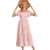 Nukty Women's Clothing Flying Sleeve Square Neck Off-shoulder Pleated Hem Dress