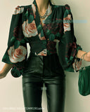 discover style ideas 2024 Popular Spring New Elegant Button V-neck Lantern Sleeve Top Shirt