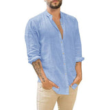 Nukty Cotton Linen Hot Sale Men's Long-Sleeved Shirts Summer Solid Color  Stand-Up Collar Casual Beach Style Plus Size