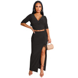frat outfits Pleated V-neck T-shirt High Slit Drawstring Skirt Fashion Two-Piece Set