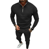 Men's Autumn and Winter Suit Men's Solid Color Leisure Sports Fleece-lined Zipper Stand Collar Two-Piece Set
