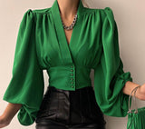 discover style ideas 2024 Popular Spring New Elegant Button V-neck Lantern Sleeve Top Shirt