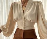 discover style ideas 2024 Popular Spring New Elegant Button V-neck Lantern Sleeve Top Shirt