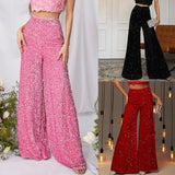 Summer High Waist Slimming Trousers Women Solid Color Sequins Fashion Casual Wide Leg Pants Women