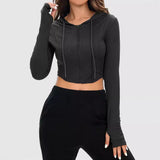 Nukty-shop fall outfit Autumn Hooded Drawstring Waist Zipper Cardigan Top Slim Fit Sexy Navel Sports Short Coat for Women