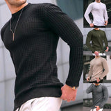 Autumn Small Plaid Men's Trendy round Neck Pullover Trendy Loose Knitted Long Sleeve Cotton T Top Men