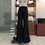 Summer High Waist Slimming Trousers Women Solid Color Sequins Fashion Casual Wide Leg Pants Women