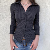 2000s fashion Summer New Lapel Breasted Cardigan Long-Sleeved Shirt T-shirt Women's Slim Fit Versatile Striped Woven Short Top