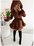 Women's Long-Sleeved Warm Solid Color Lace-up Belt Fur Stitching Ruffled Hooded Jacket
