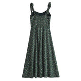 Nukty-shop indie dress to impress Summer French Style Retro Dark Green Small Floral Slim Waist Long Sling Dress