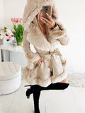 Women's Long-Sleeved Warm Solid Color Lace-up Belt Fur Stitching Ruffled Hooded Jacket