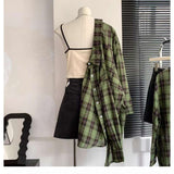 grunge outfits Women's White and Green Plaid Shirt, Large Loose Plaid Coat for Spring and Summer