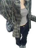 grunge outfits Retro Chic Green Plaid Shirt Women's Autumn and Winter Loose Lazy Style Mid-Length Shirt Coat Cardigan Outer Wear