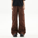 streetwear men outfits Fashion Brand Pleated Overalls Wide-Leg Pants Multi-Pocket Loose Casual Trousers Men's and Women's Vibe Solid Color Jeans