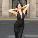 dress to impress PU Leather High-Grade Elegant Halter Dress 2024 New Nightclub Hot Girl Sexy Deep V Backless Sheath Dress