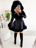 Women's Long-Sleeved Warm Solid Color Lace-up Belt Fur Stitching Ruffled Hooded Jacket