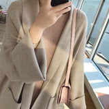teacher outfits Loose Lazy Style Simple plus Size Mid-Length Knitted Cardigan Autumn and Winter New Pocket Sweater Coat