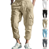 Autumn Cotton and Linen Men's Casual Trousers Ankle-Tied Multi-Pocket Lace Solid Color Loose Overalls Men