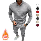 Men's Autumn and Winter Suit Men's Solid Color Leisure Sports Fleece-lined Zipper Stand Collar Two-Piece Set