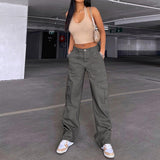 college outfits Women's Street Fashion Multi-Pocket Workwear Straight Trousers High Waist Slimming Loose Khaki Jeans for Women