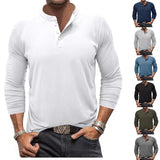 Men's Round Neck Solid Color Fashion Button Long-Sleeved T-shirt Henry Shirt Casual Sports Bottoming Shirt Men