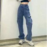 college outfits Women's Street Fashion Multi-Pocket Workwear Straight Trousers High Waist Slimming Loose Khaki Jeans for Women