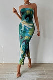 Nukty 2024 Women's Clothing Spring and Summer New Tube Top and Hem Slit Sleeveless Printed Dress