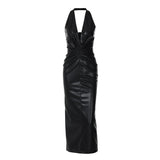 dress to impress PU Leather High-Grade Elegant Halter Dress 2024 New Nightclub Hot Girl Sexy Deep V Backless Sheath Dress