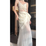 frat outfits French Style Open Waist Hollow-out Sling Dress Sexy Elegant Socialite Design Sense Seaside Holiday Long Skirt